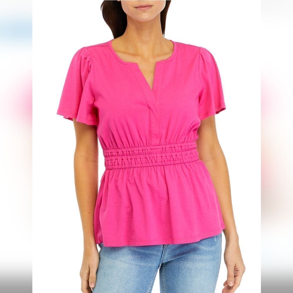 Crown & Ivy Smocked Split Neck Top Pink